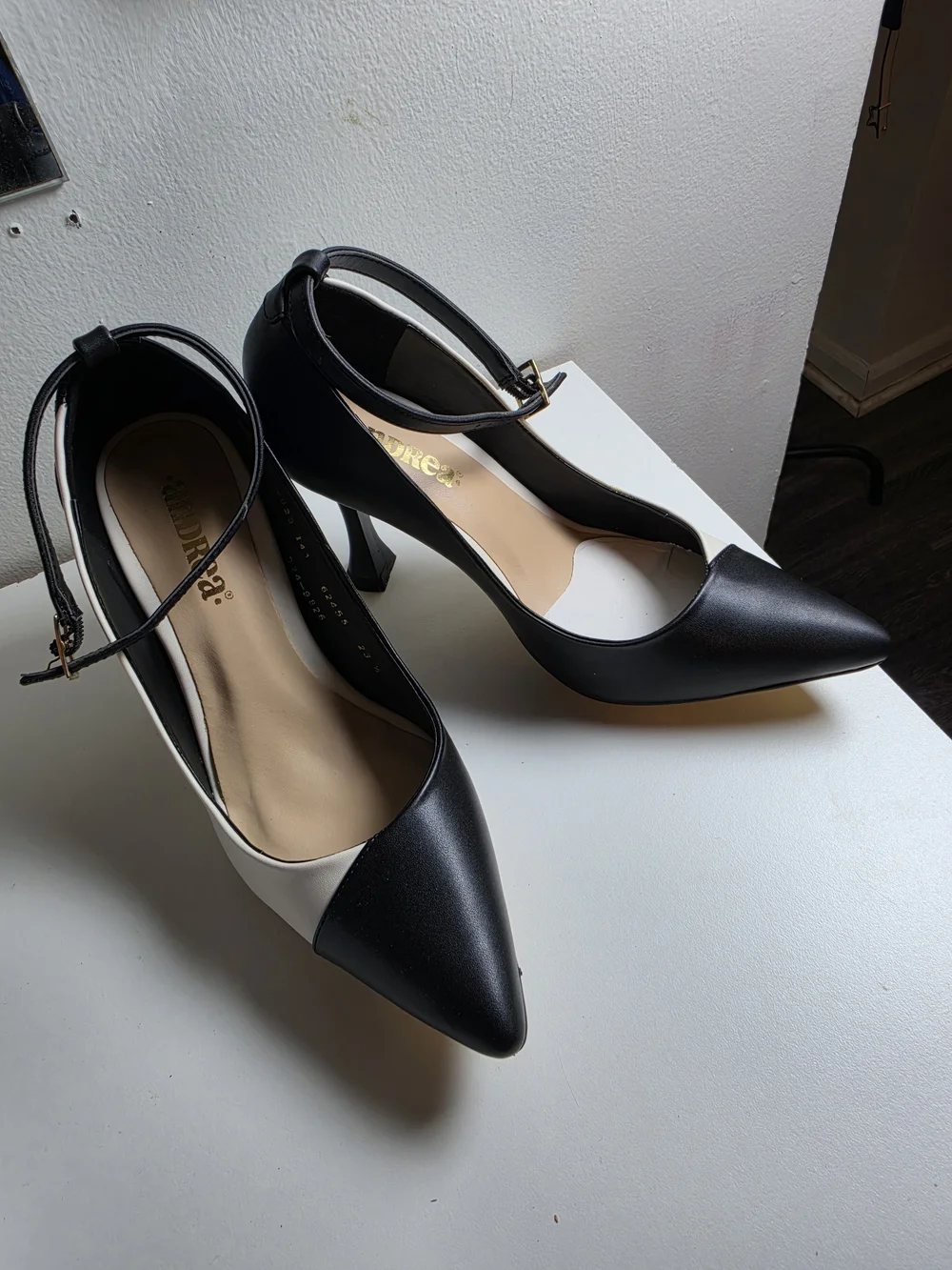 ANDREA FENZI Black and White Pointed Ankle-Strap Wedges